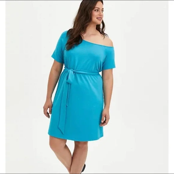 TORRID OFF-SHOULDER T-SHIRT DRESS - FRENCH TERRY TEAL SIZE 4X NWT - Picture 1 of 4